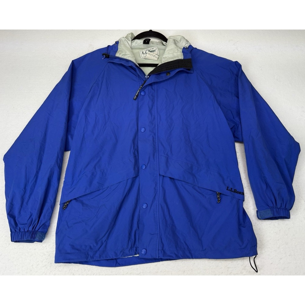 VTG LL Bean Rain Jacket Men L Blue Gore-Tex Stowaway Hooded Trail Nylon Full Zip